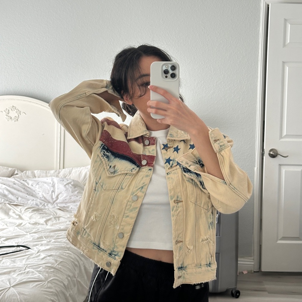 Blank NYC Beige Denim Jacket with American Flag Accent in Size Small